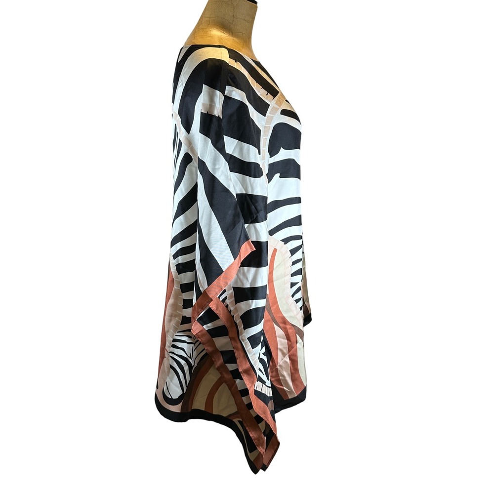 Chico's Silk Zebra Print Kaftan Top Black Brown White L/XL Poncho Blouse - Picture 5 of 9